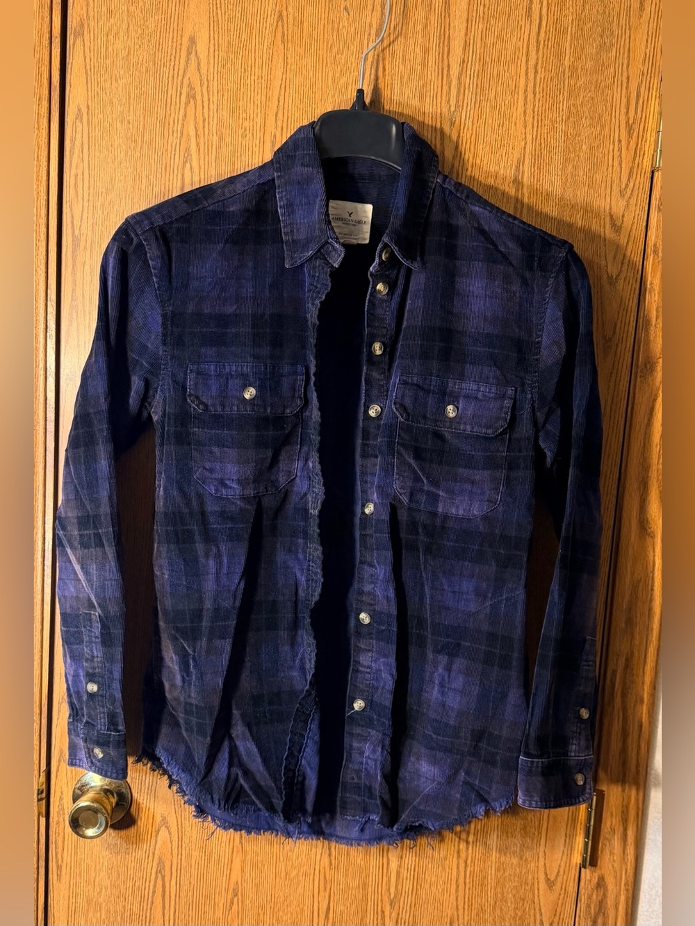 American Eagle Corduroy Deep Purple and Black Frayed Hem Button-Down
